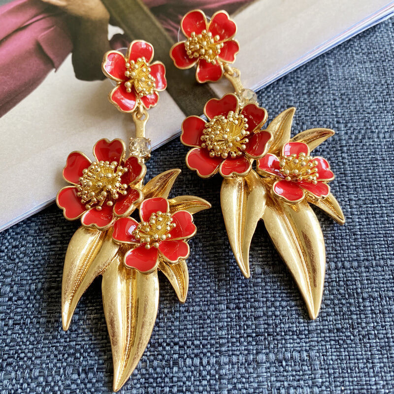 Enamel Glaze Flower Leaves Shaped Drop Earrings Hypoallergenic Gold Plated Crystal Jewelry