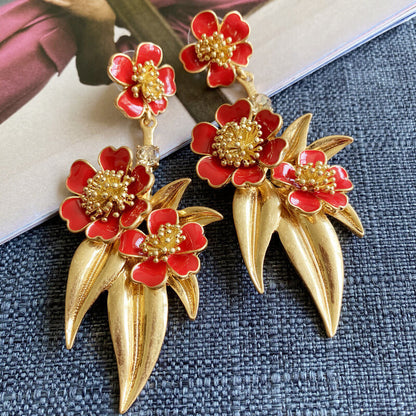 Enamel Glaze Flower Leaves Shaped Drop Earrings Hypoallergenic Gold Plated Crystal Jewelry