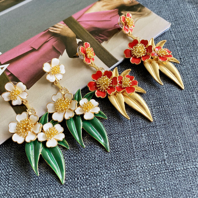 Enamel Glaze Flower Leaves Shaped Drop Earrings Hypoallergenic Gold Plated Crystal Jewelry
