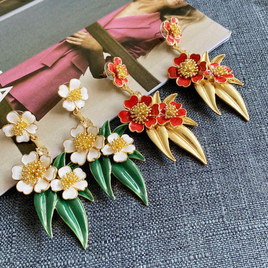 Enamel Glaze Flower Leaves Shaped Drop Earrings Hypoallergenic Gold Plated Crystal Jewelry
