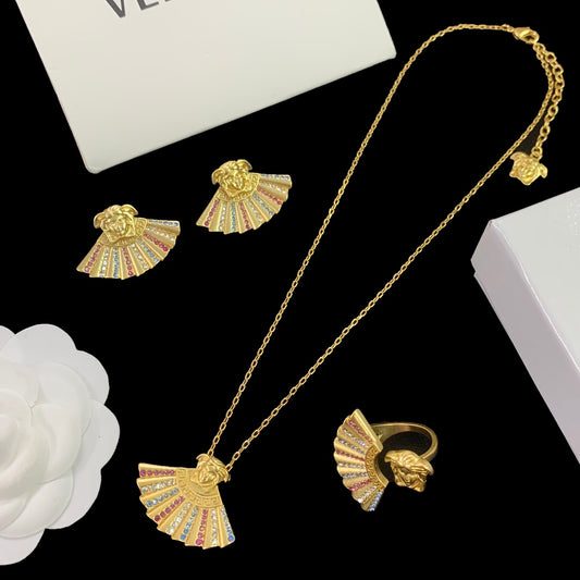 Gold Diamonds Fan Shape Hypoallergenic Jewelry Set