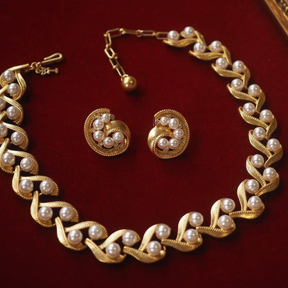 Vintage Jewelry Set Gold Pearl Necklace Earrings