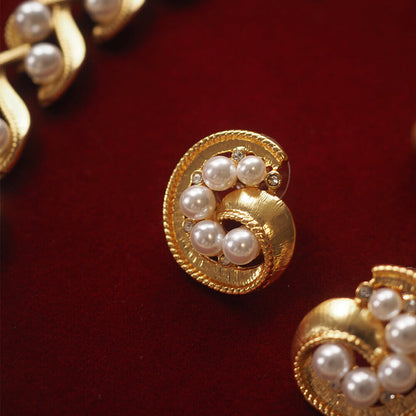Vintage Jewelry Set Gold Pearl Necklace Earrings