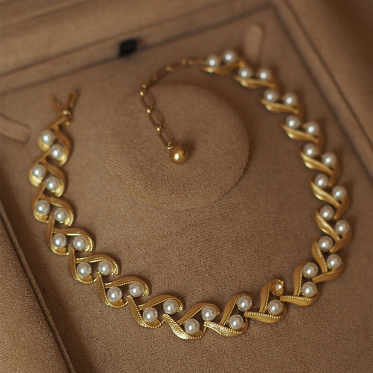 Vintage Jewelry Set Gold Pearl Necklace Earrings
