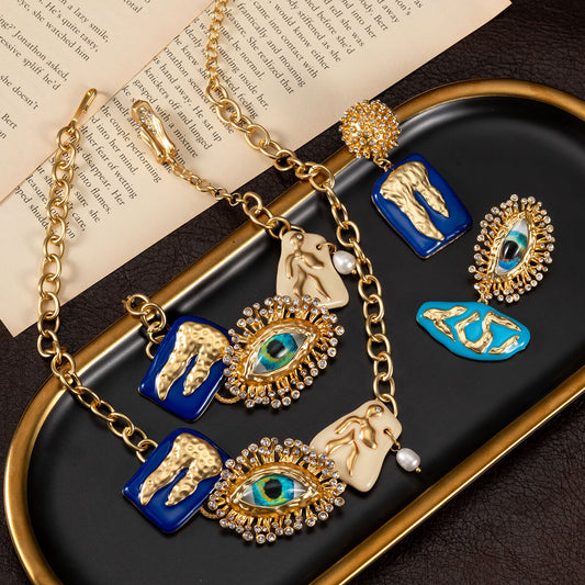 Gold Plated Evil Eye Enamel Jewelry Set, Hypoallergenic Brass