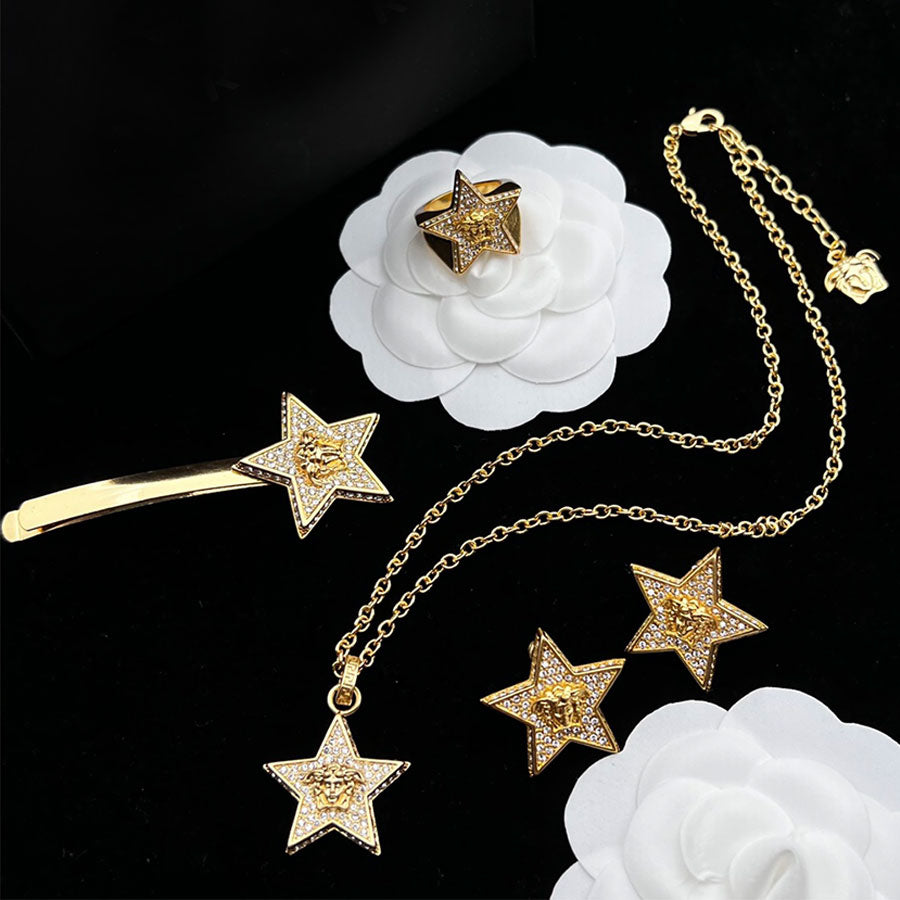 Gold Diamonds Necklace Hypoallergenic Gorgeous Stars Earrings Hairpin Ring Jewelry Set