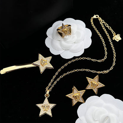 Gold Diamonds Necklace Hypoallergenic Gorgeous Stars Earrings Hairpin Ring Jewelry Set