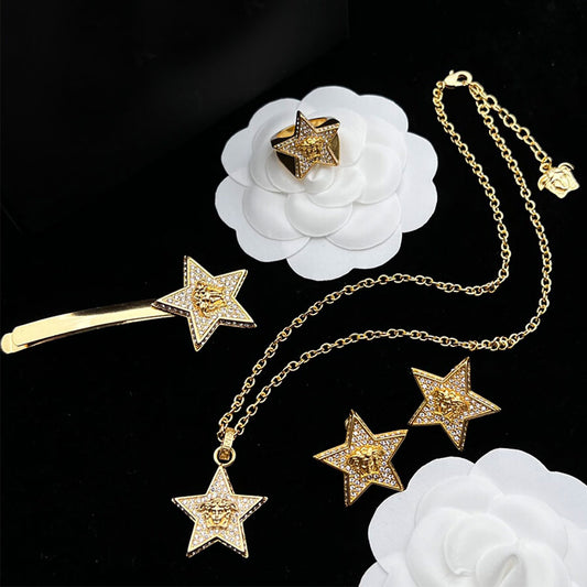 Gold Diamonds Necklace Hypoallergenic Gorgeous Stars Earrings Hairpin Ring Jewelry Set
