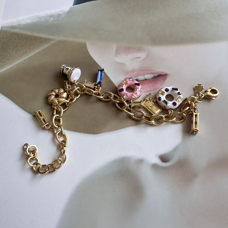 24K Solid Gold Plated Hypoallergenic Brass Diamond Bracelet Enamel Ice Cream Donuts Jewelry