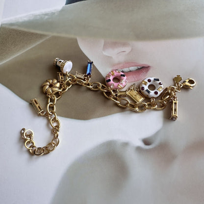 24K Solid Gold Plated Hypoallergenic Brass Diamond Bracelet Enamel Ice Cream Donuts Jewelry