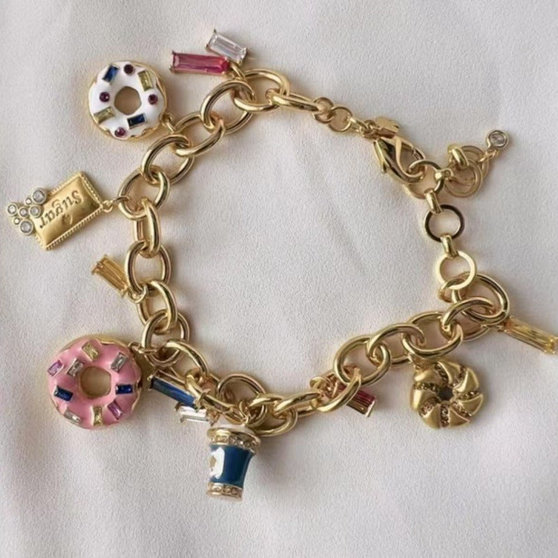 24K Solid Gold Plated Hypoallergenic Brass Diamond Bracelet Enamel Ice Cream Donuts Jewelry