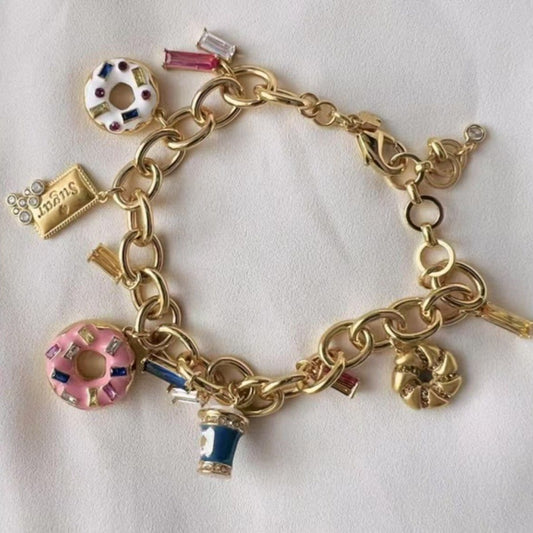 24K Solid Gold Plated Hypoallergenic Brass Diamond Bracelet Enamel Ice Cream Donuts Jewelry