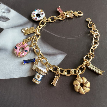 24K Solid Gold Plated Hypoallergenic Brass Diamond Bracelet Enamel Ice Cream Donuts Jewelry