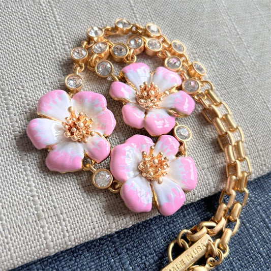 Hand-painted Enamel Cherry Blossom Necklace Gold Plated Vintage Jewelry