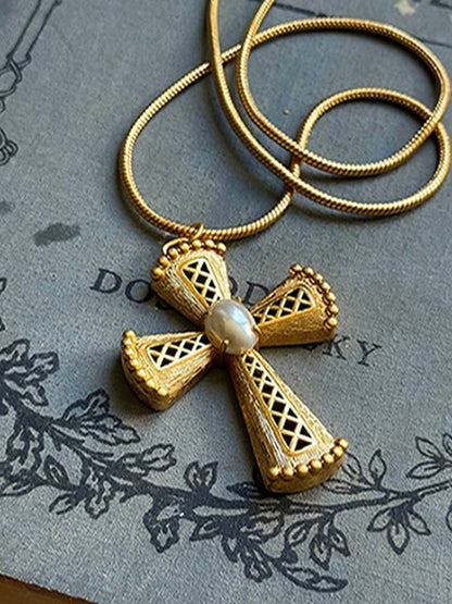 Vintage Jewelry Hollow Cross Necklace Inlaid With Pearls