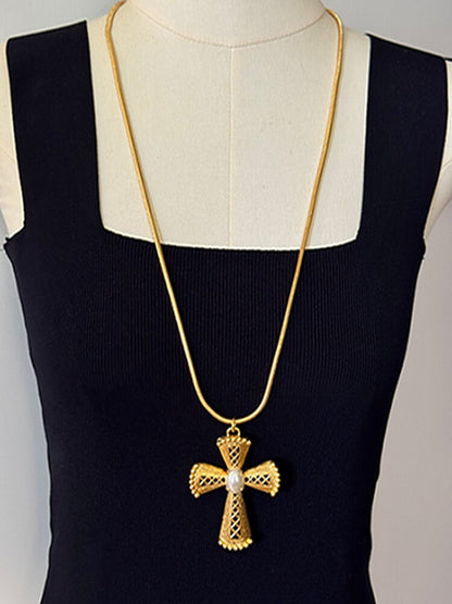 Vintage Jewelry Hollow Cross Necklace Inlaid With Pearls