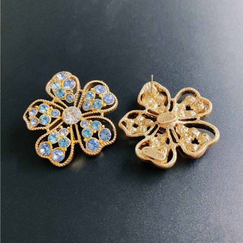 Hollow Petal Colorful Rhinestone Pearls Stud Earrings Gold Plated