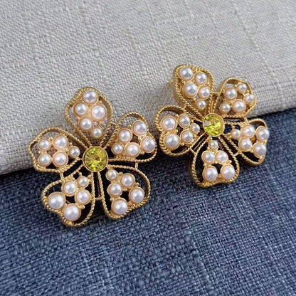 Hollow Petal Colorful Rhinestone Pearls Stud Earrings Gold Plated