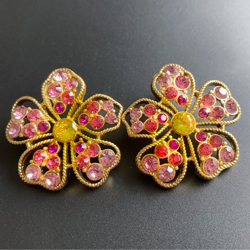 Hollow Petal Colorful Rhinestone Pearls Stud Earrings Gold Plated