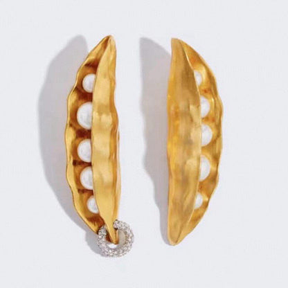 24K Solid Gold Plated Vintage Diamond Earrings With Pea Pods Pearl
