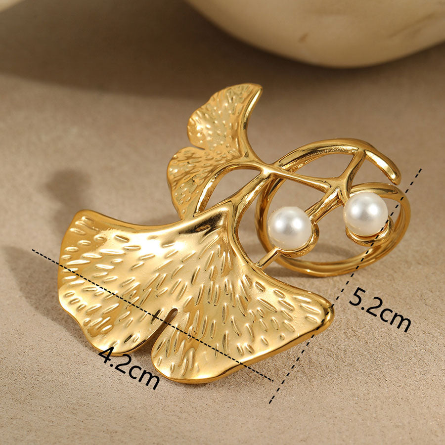 18k Gold Plated Earrings Leaf Shaped Rings Pearl Bracelet Set