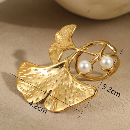 18k Gold Plated Earrings Leaf Shaped Rings Pearl Bracelet Set