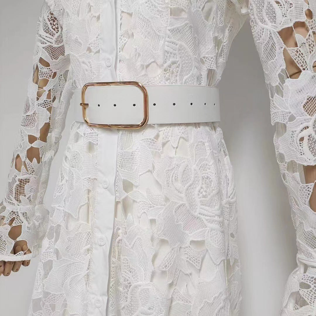 Floral Embroidered Crochet Stand Collar Midi Dresses