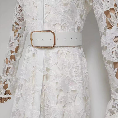 Floral Embroidered Crochet Stand Collar Midi Dresses