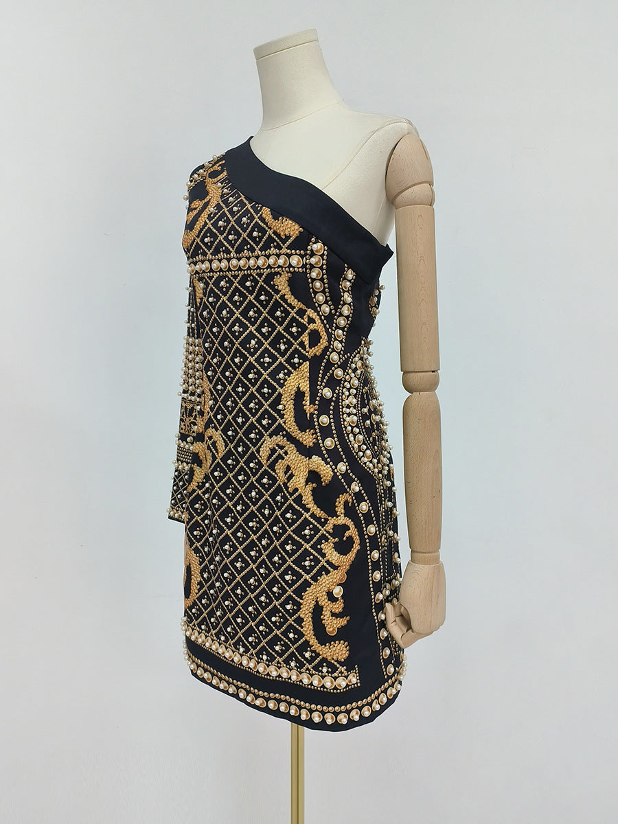 Party One Shoulder Beaded Floral Bodycon Mini Dresses