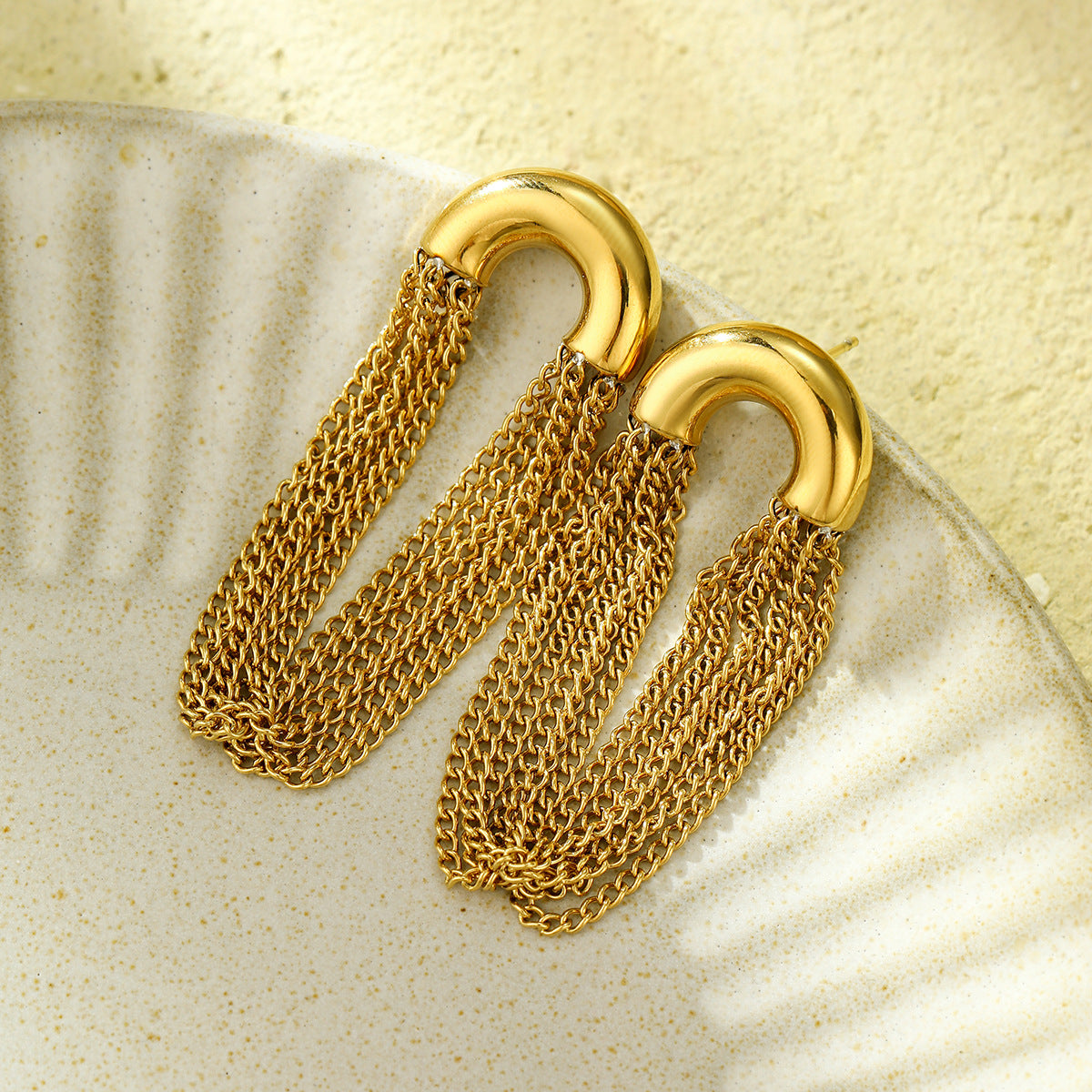 18k Gold Plated C-shaped Titanium Tassel Earrings