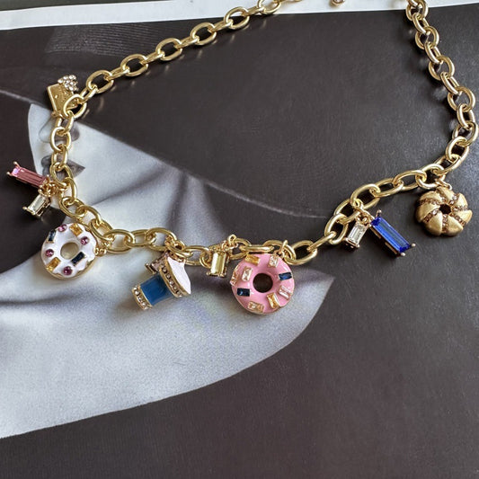 24K Solid Gold Plated Diamond Necklace With Ice Cream Donuts Pendant