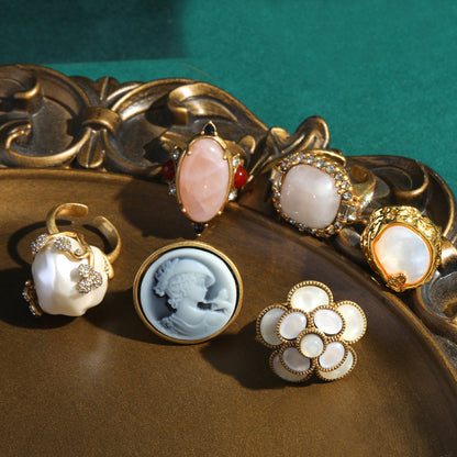 Vintage Copper Mother of Pearl Diamond Rings Queen Cameo