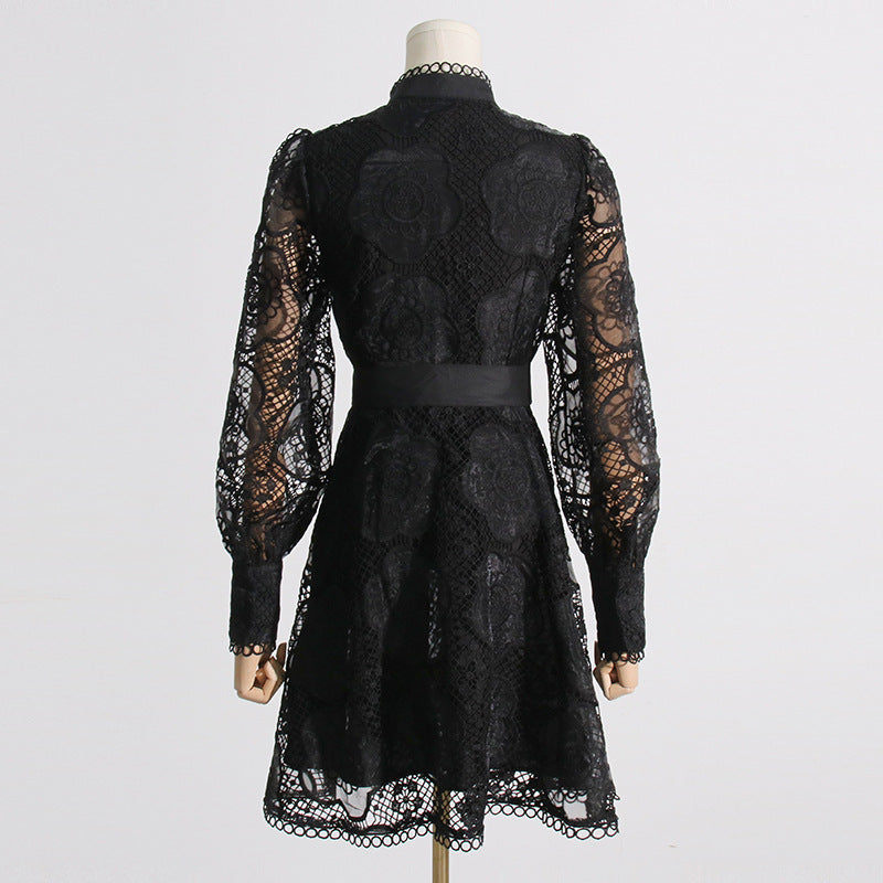 High Collar Lace Bubble Sleeve Ruffled Mini Dresses
