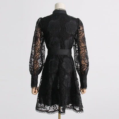 High Collar Lace Bubble Sleeve Ruffled Mini Dresses