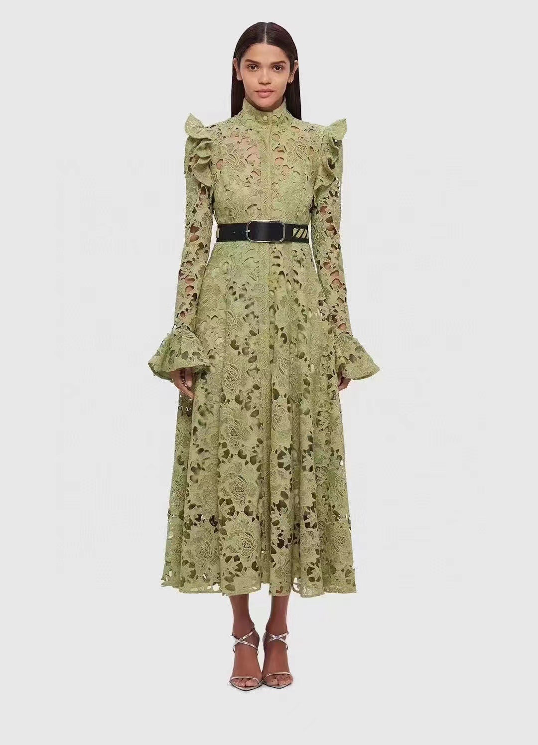 Floral Embroidered Crochet Stand Collar Midi Dresses