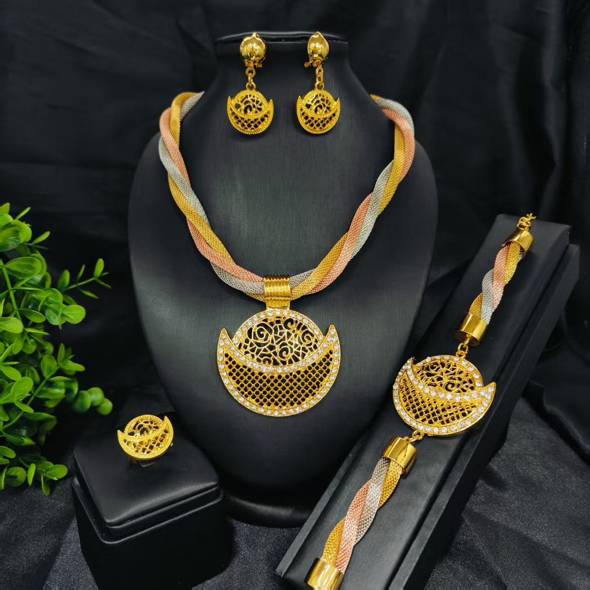 Vintage Jewelry Set 24k Gold Plated Necklace Diamond Bracelet Earrings Set