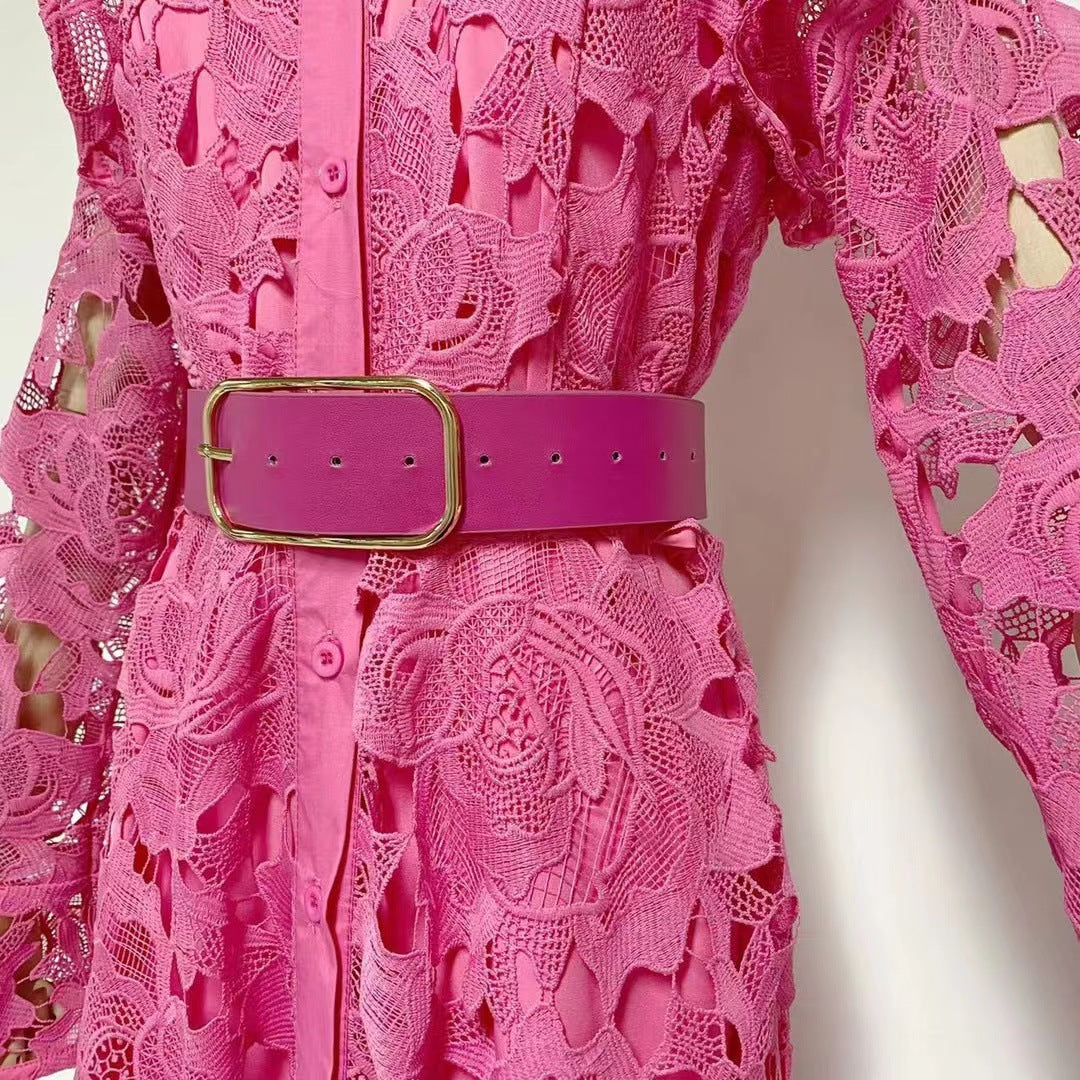 Floral Embroidered Crochet Stand Collar Midi Dresses