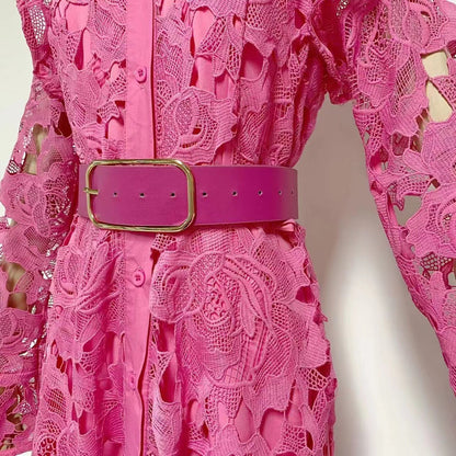 Floral Embroidered Crochet Stand Collar Midi Dresses