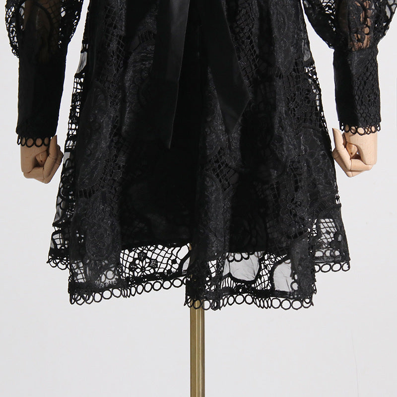 High Collar Lace Bubble Sleeve Ruffled Mini Dresses