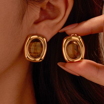 Oval Tiger Eye Gem With 18k Gold Plated Earrings Gorgeous Vintage Jewelry