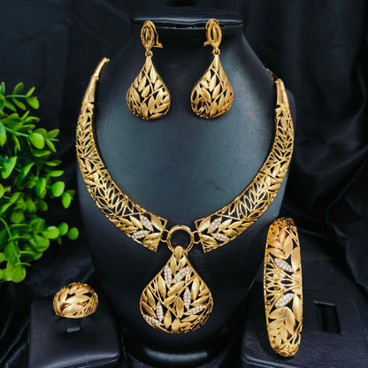 Vintage Jewelry Set 24k Gold Plated Necklace Diamond Bracelet Earrings Set