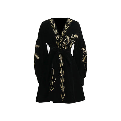 Velvet Wheat Embroidery Mini Dresses