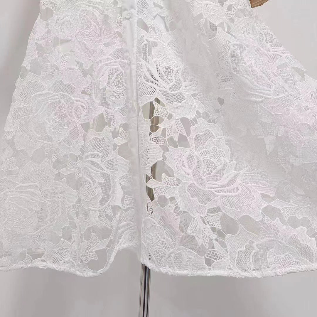 Floral Embroidered Crochet Stand Collar Midi Dresses