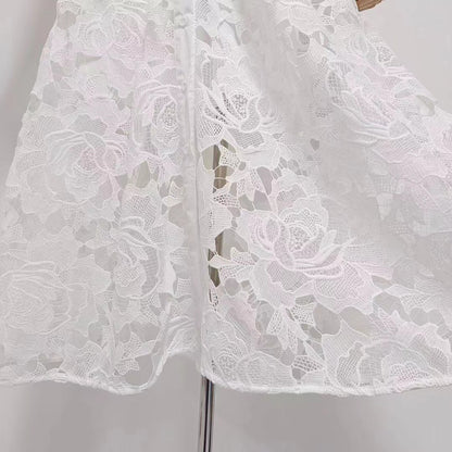 Floral Embroidered Crochet Stand Collar Midi Dresses