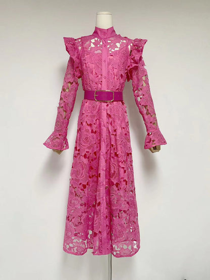 Floral Embroidered Crochet Stand Collar Midi Dresses