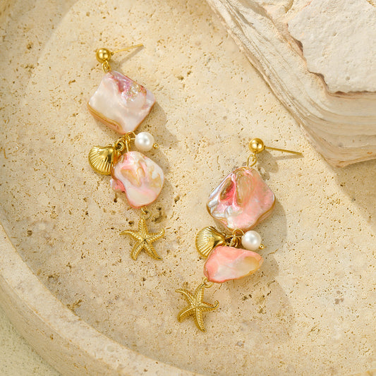 18k Gold Plated Starfish Drop Earrings Pink Shell Gorgeous Jewelry