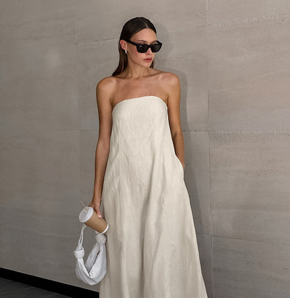 Backless Vacation Tube Top Linen Midi Maxi Dresses