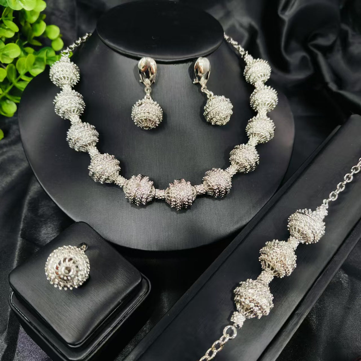 Vintage Jewelry Set 24k Gold Plated Necklace Diamond Bracelet Earrings Set