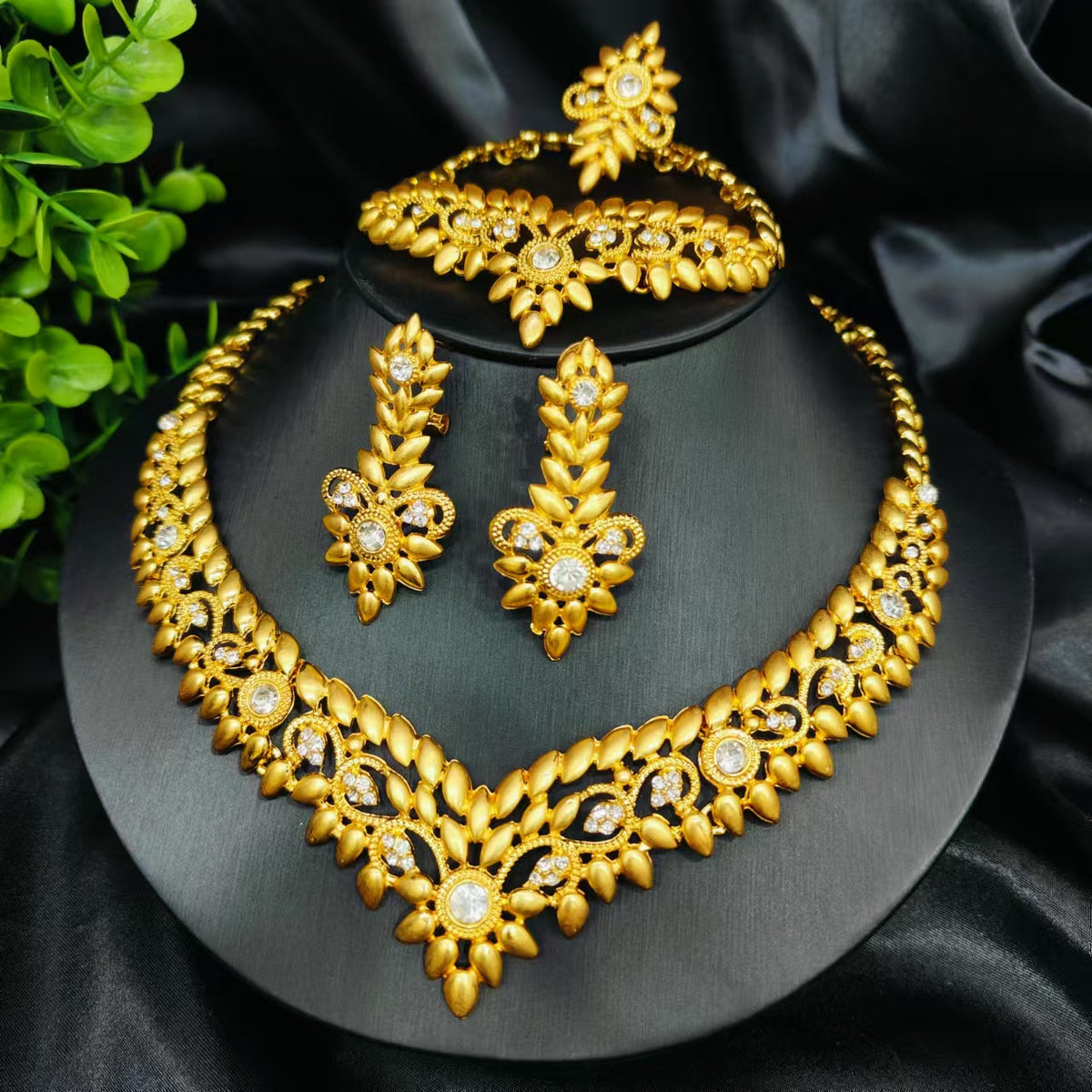 Vintage Jewelry Set 24k Gold Plated Necklace Diamond Bracelet Earrings Set