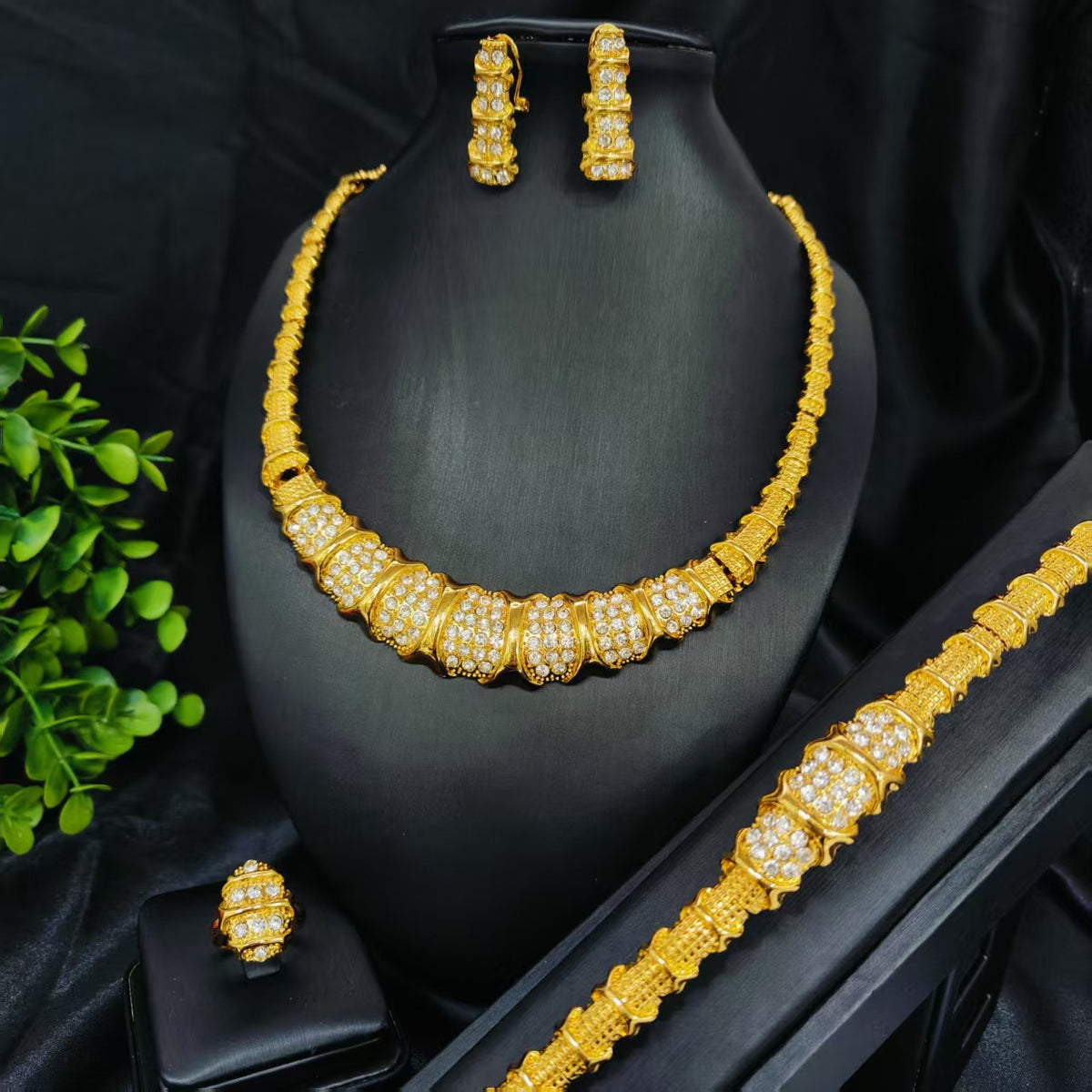 Vintage Jewelry Set 24k Gold Plated Necklace Diamond Bracelet Earrings Set